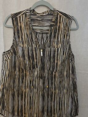 MICHAEL Michael Kors Black, Tan & White Striped Zip-Front Sleeveless Tank